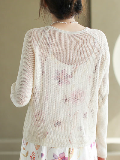Women Autumn Linen Woven Round Neck Cardigans