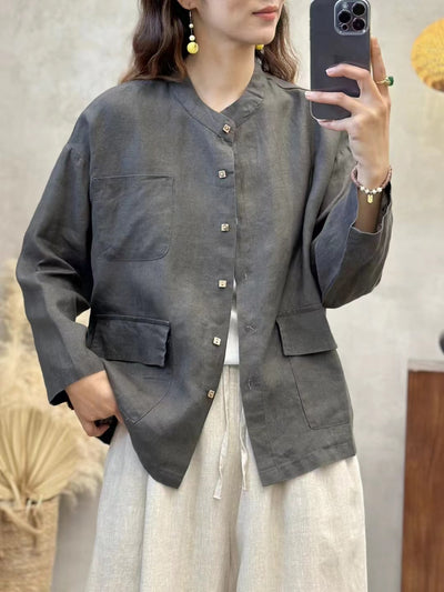 Babakud Autumn Retro Linen Washed Versatile Stand Collar Shirt