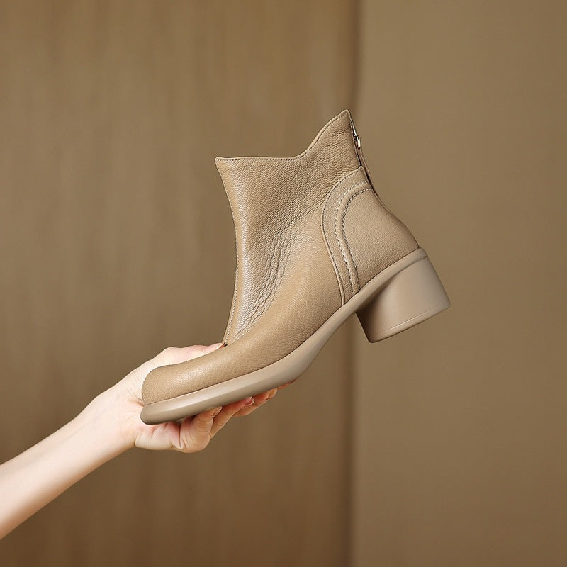 Retro Autumn Sheepskin Leather Soft Chunky Zipper Boots