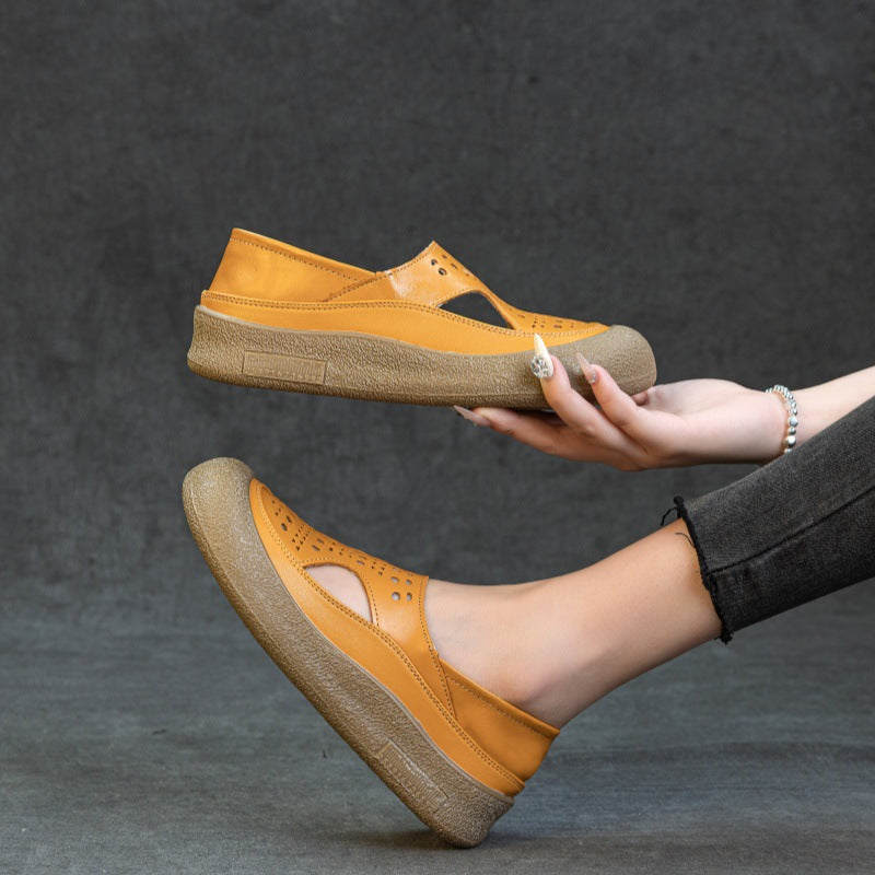 Summer Casual Leather No Slip Hollow Platform Slip On Shoes