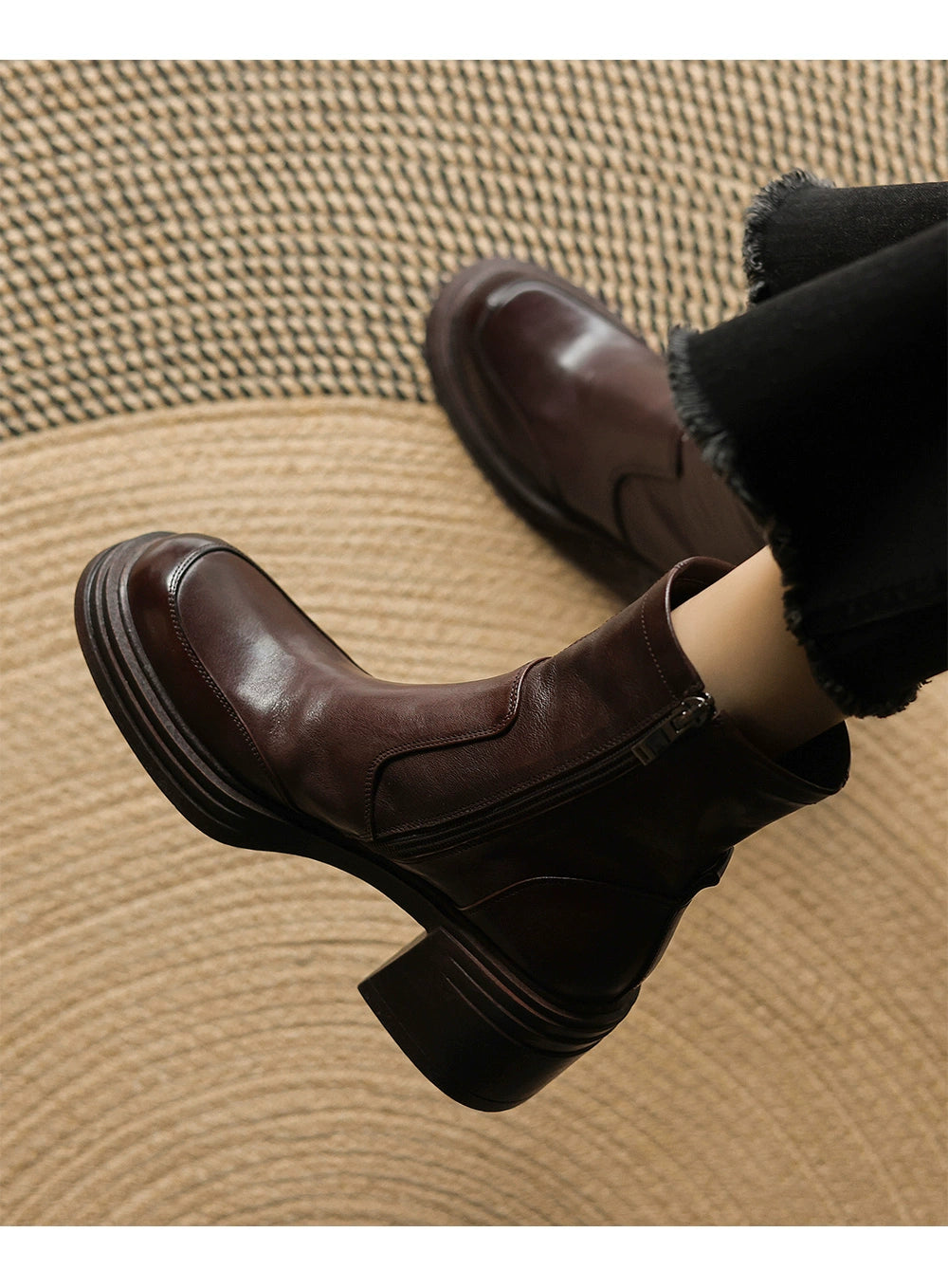 Autumn Genuine Leather Casual Soft Sole Round Toe Chunky Boots