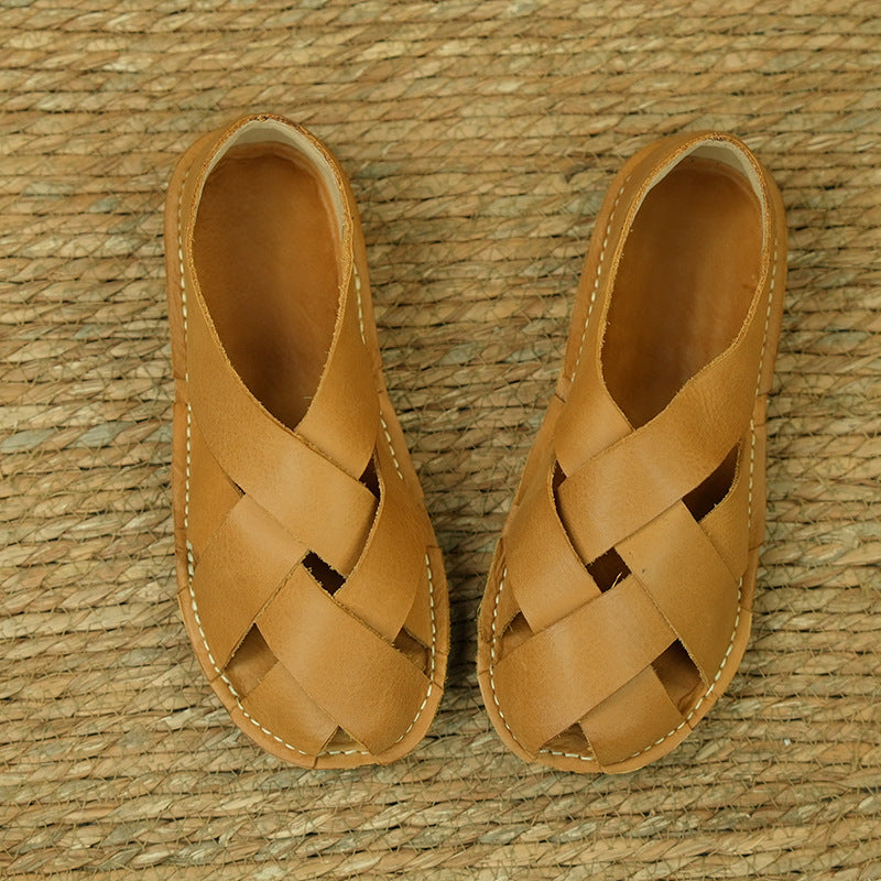 Women Summer Casual Genuine Cowhide Woven Flats Soft Sole Shoes