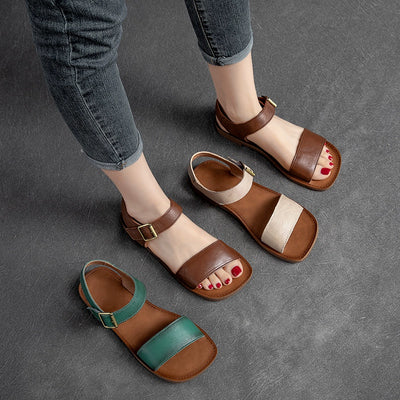 Women Summer Cool Leather Soft Flat Open Toe Velcro Sandals
