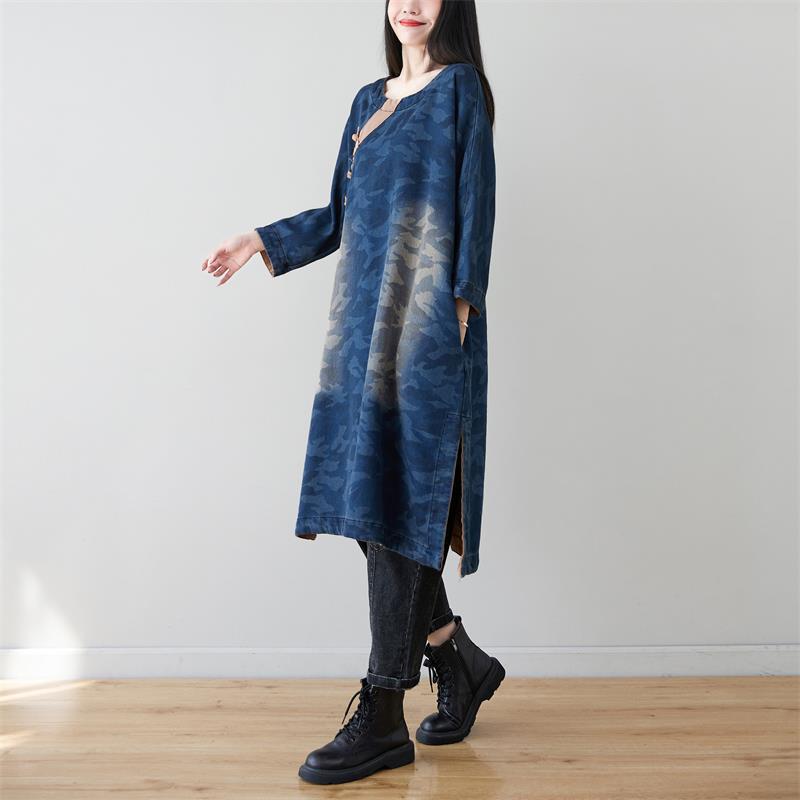 Spring Retro Washed Camouflage Round Neck Denim Midi Dresses
