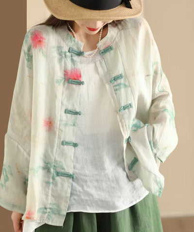 Ladies Vintage Printed Ramie Shirt Chinese Style Elegant Jacket