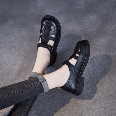 Babakud Women Spring Genuine Leather Hollow-Out Round-Toe Flat Sandals