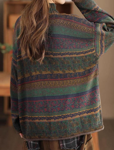 Vintage Floral Patterned Mock Neck Knit Sweater for Women
