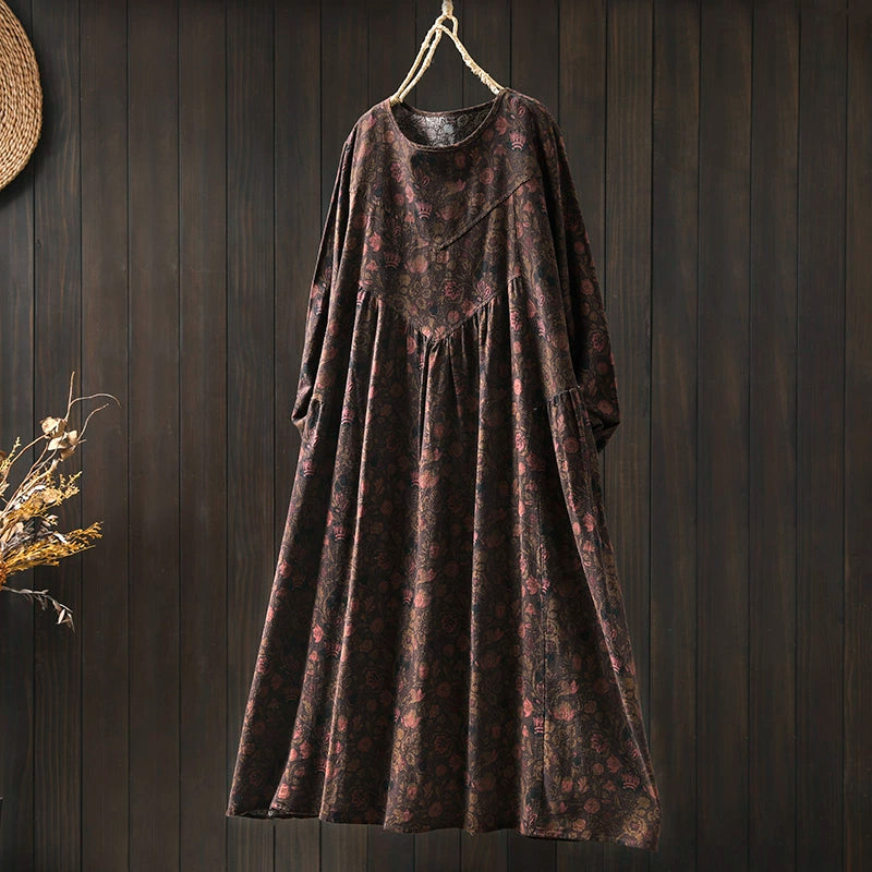 Women Spring Retro Cotton-Linen Printed Blossom Maxi Dress