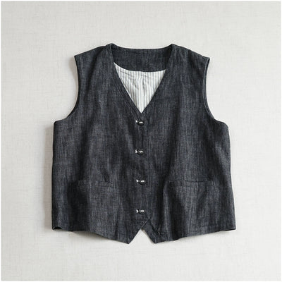 Versatile Retro Cotton V-Neck Patchwork Black Single Breasted Vest