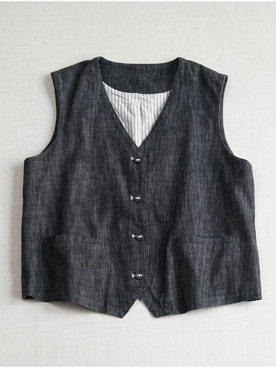 Versatile Retro Cotton V-Neck Patchwork Black Single Breasted Vest