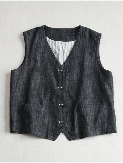 Versatile Retro Cotton V-Neck Patchwork Black Single Breasted Vest