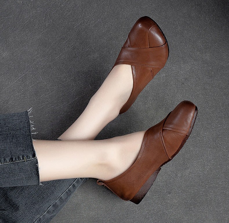 Vintage Cross-Strap Low-Cut Distressed Flat Leather Slip-Ons