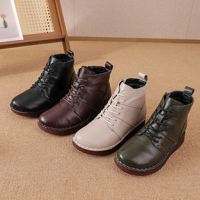 Winter Vintage Top Leather Wide Toe Lace-Up Fleece-In Boots
