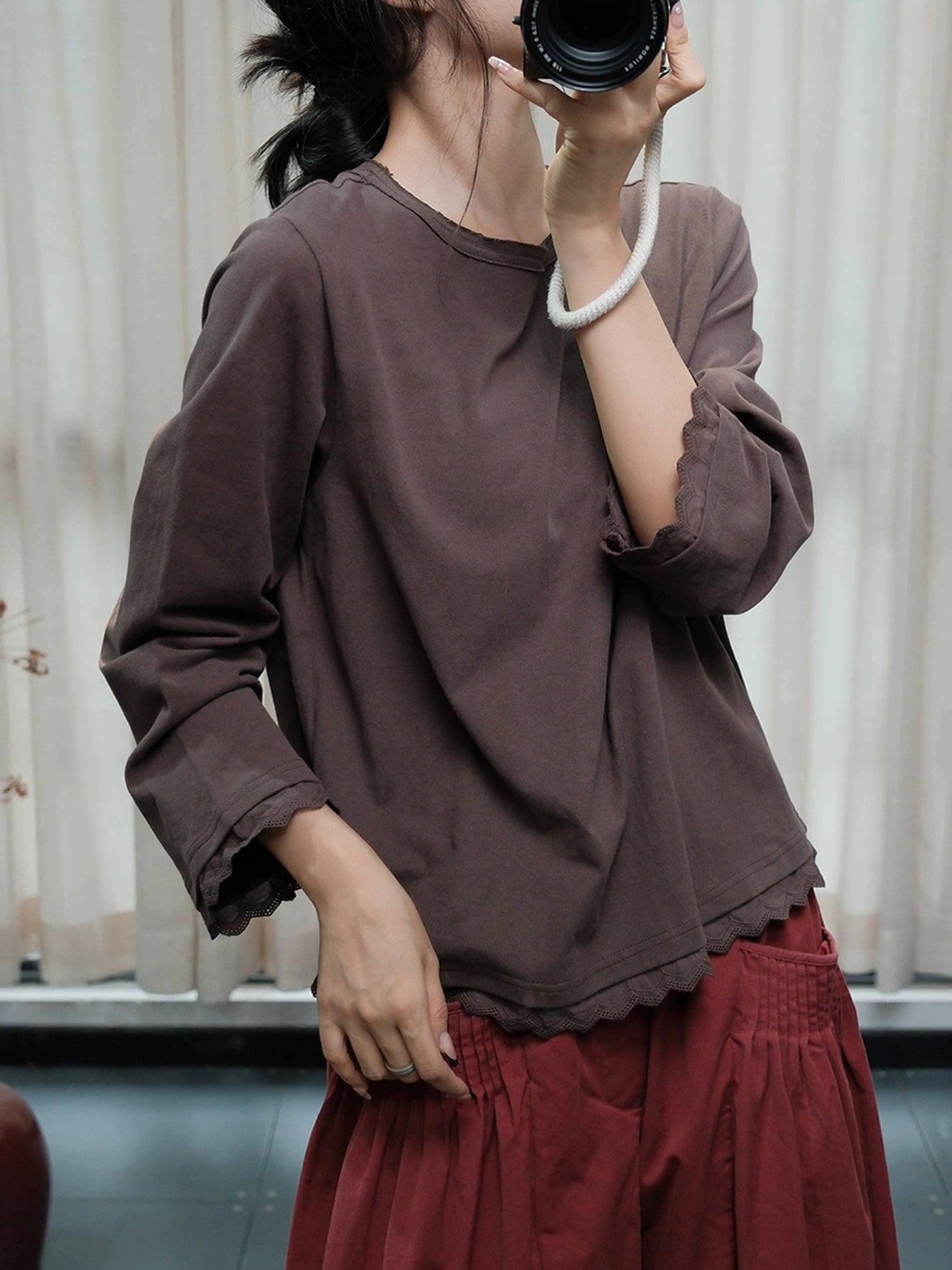 Babakud Retro Cotton Round Neck Scalloped Edge Tops