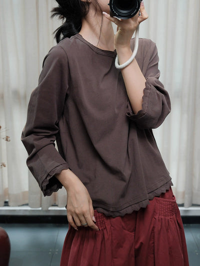 Babakud Retro Cotton Round Neck Scalloped Edge Tops