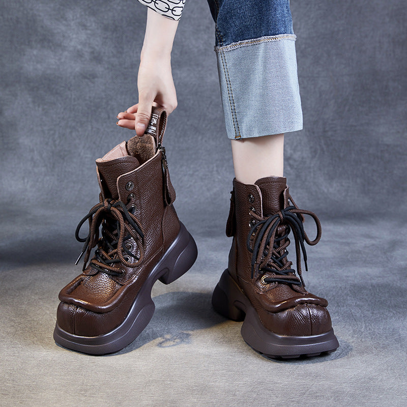 Ladies Stylish Square Toe Platform Lace-Up Leather Martin Boots