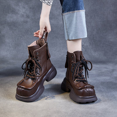 Ladies Stylish Square Toe Platform Lace-Up Leather Martin Boots