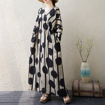 Autumn Linen V-Neck Long Sleeves Printed Dress With Pocket