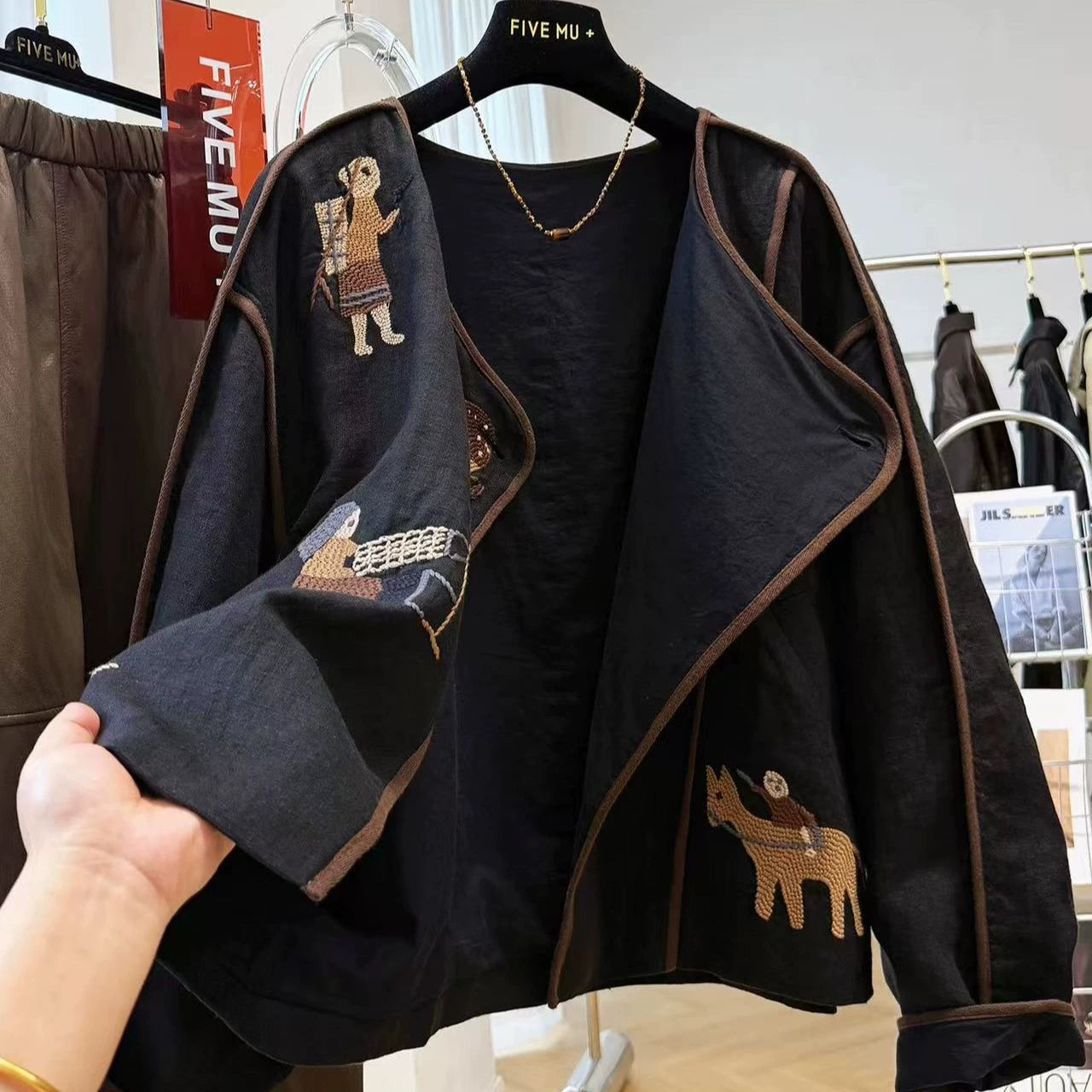 Autumn Fashionable Linen Embroidered Round Neck Loose Coat