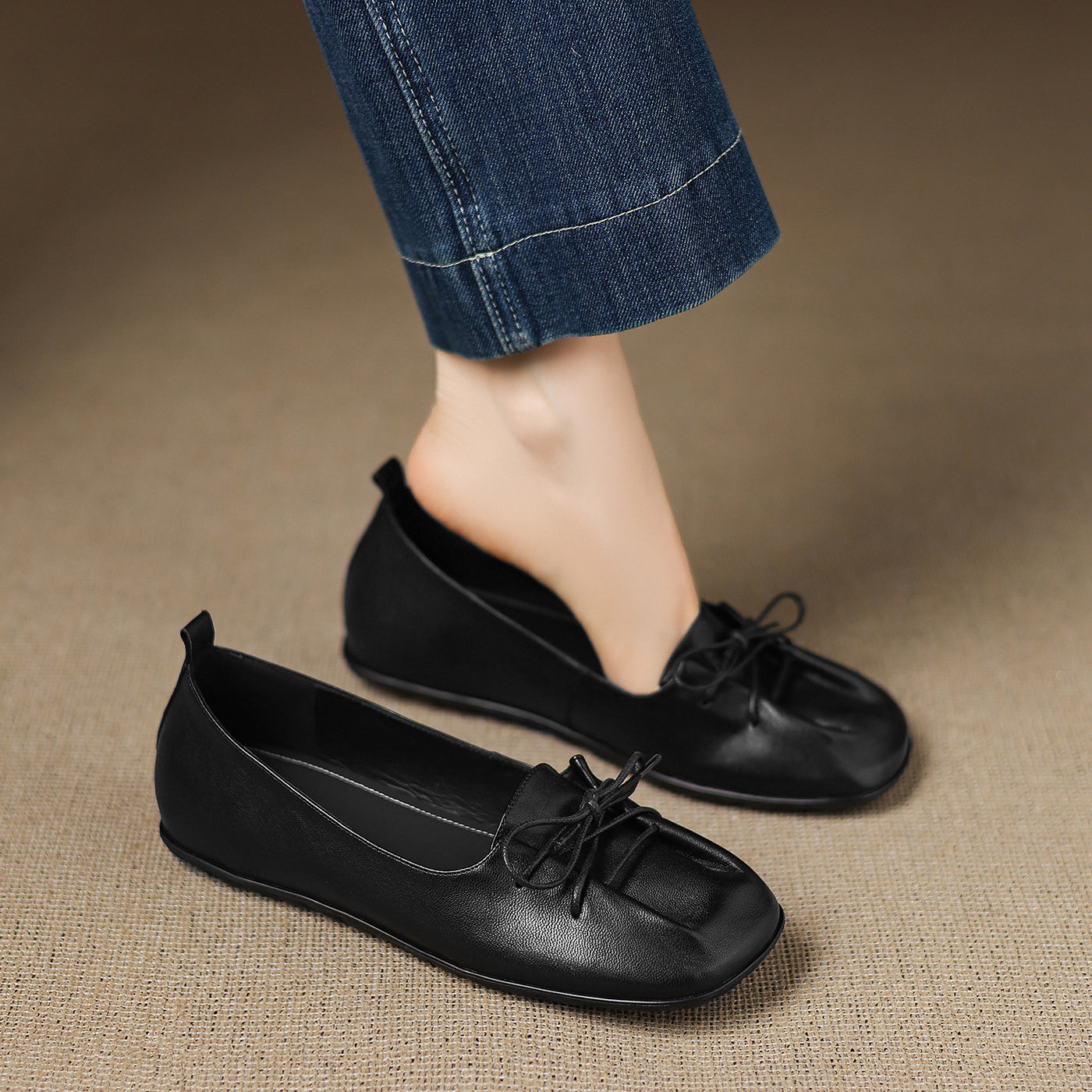Retro Sheepskin Leather Round Toe Shallow Flat Shoes