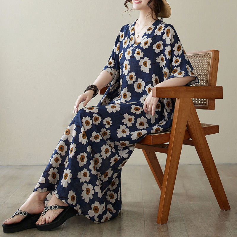 Summer Retro Cotton Linen Vacation V-Neck Floral Plus Size Dress