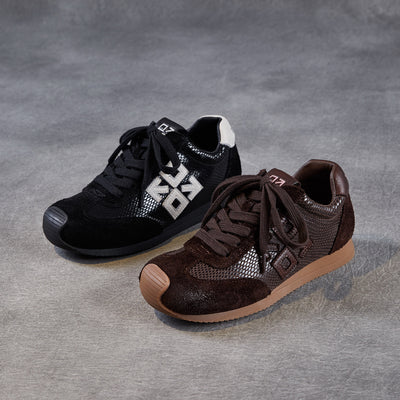 Women Retro Genuine Leather Casual Mesh Sports Sneakers