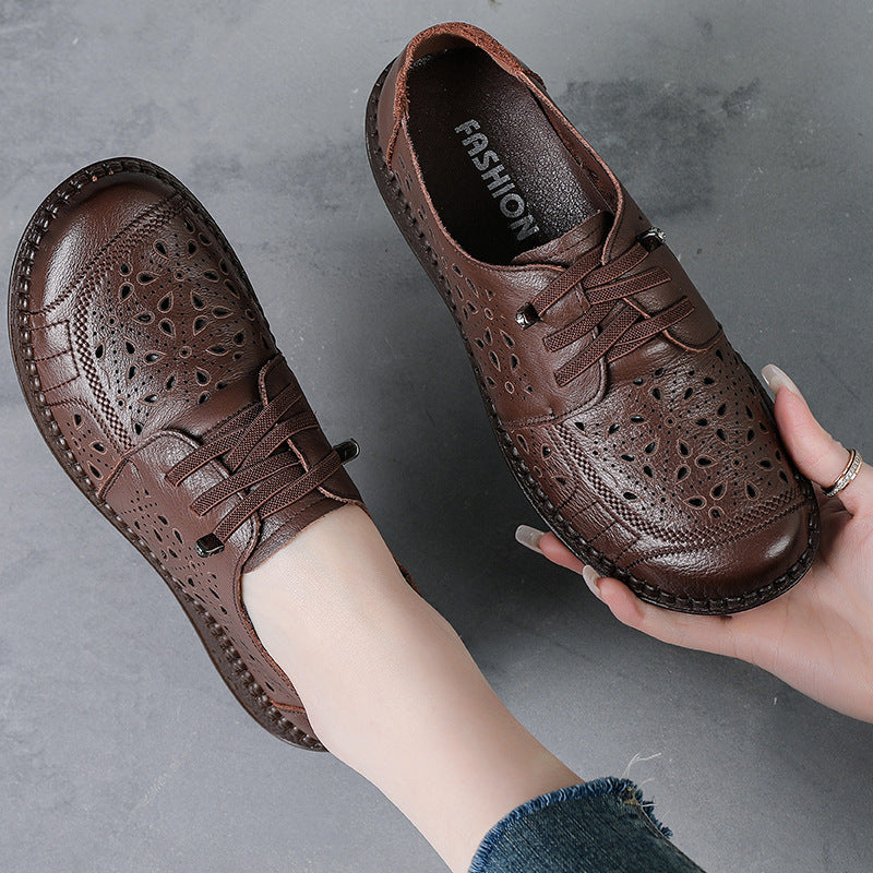 Women Summer Genuine Leather Ethnic Style Hollow Peep Toe Sandals
