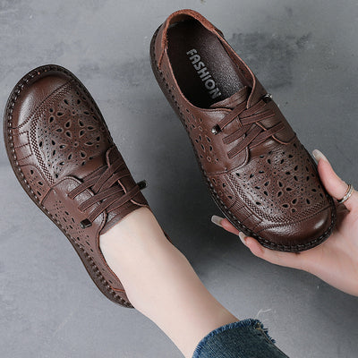 Women Summer Genuine Leather Ethnic Style Hollow Peep Toe Sandals