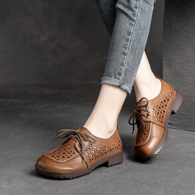 Babakud Summer Leather Casual Hollow Versatile Lace Up Flats