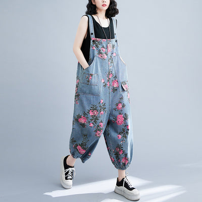 Women Spring Retro Denim Printed Floral Casual Jumpsuit