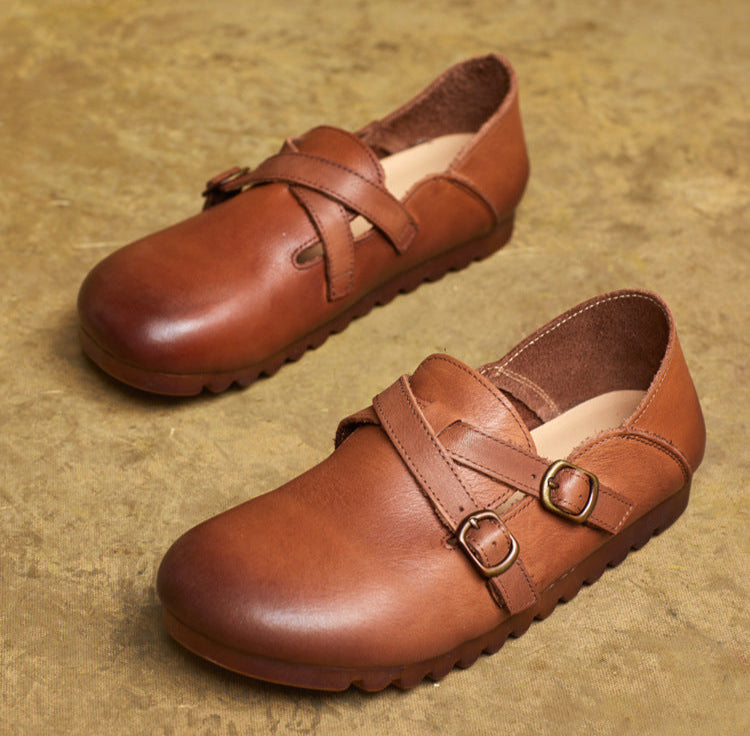 Ladies Retro Comfy Soft Sole Buckle Genuine Leather Casual Shoes