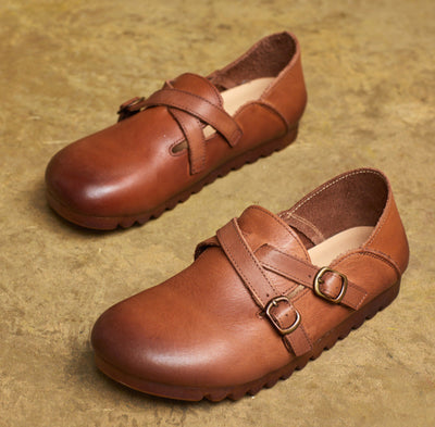 Ladies Retro Comfy Soft Sole Buckle Genuine Leather Casual Shoes