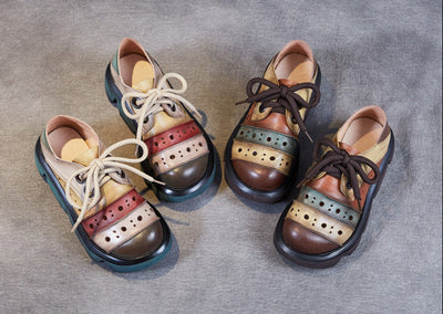 Women Color Block Platform Retro Perforated Leather Casual Shoes