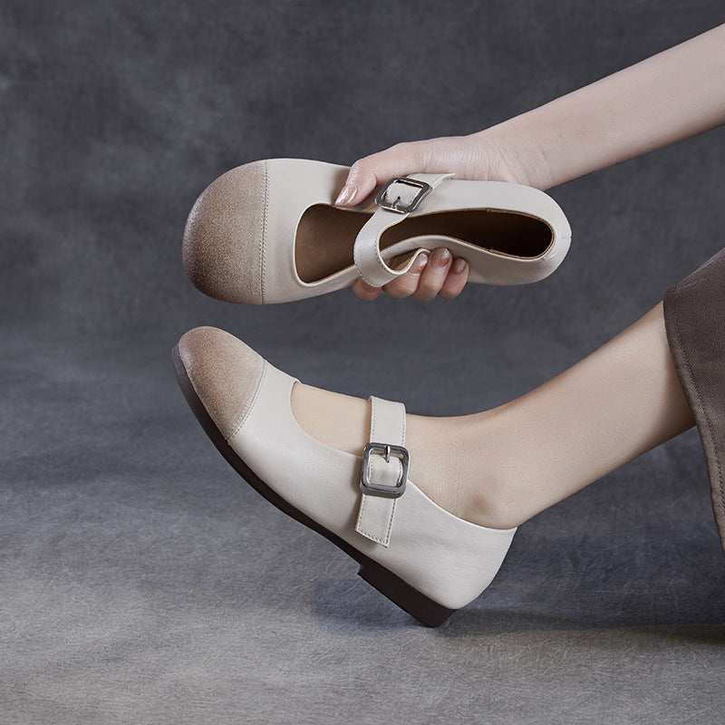 Elegant Genuine Leather Sueded Patchwork One Straped Flats