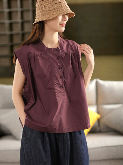 Women Summer Vintage Cotton Shirt Stand Collar Sleeveless Blouse