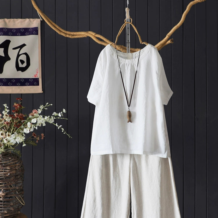 Retro Summer Linen Round Neck Loose Solid Color T-Shirt
