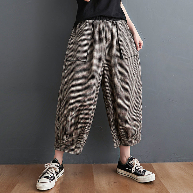 Large Pockets Plaid Elastic Waist Casual Cotton Linen Pants