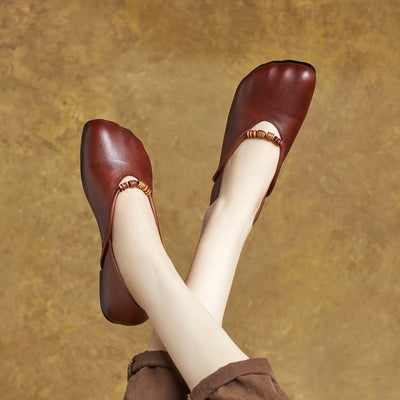 Women Spring Elegant Beaded Retro Soft Leather Loafers
