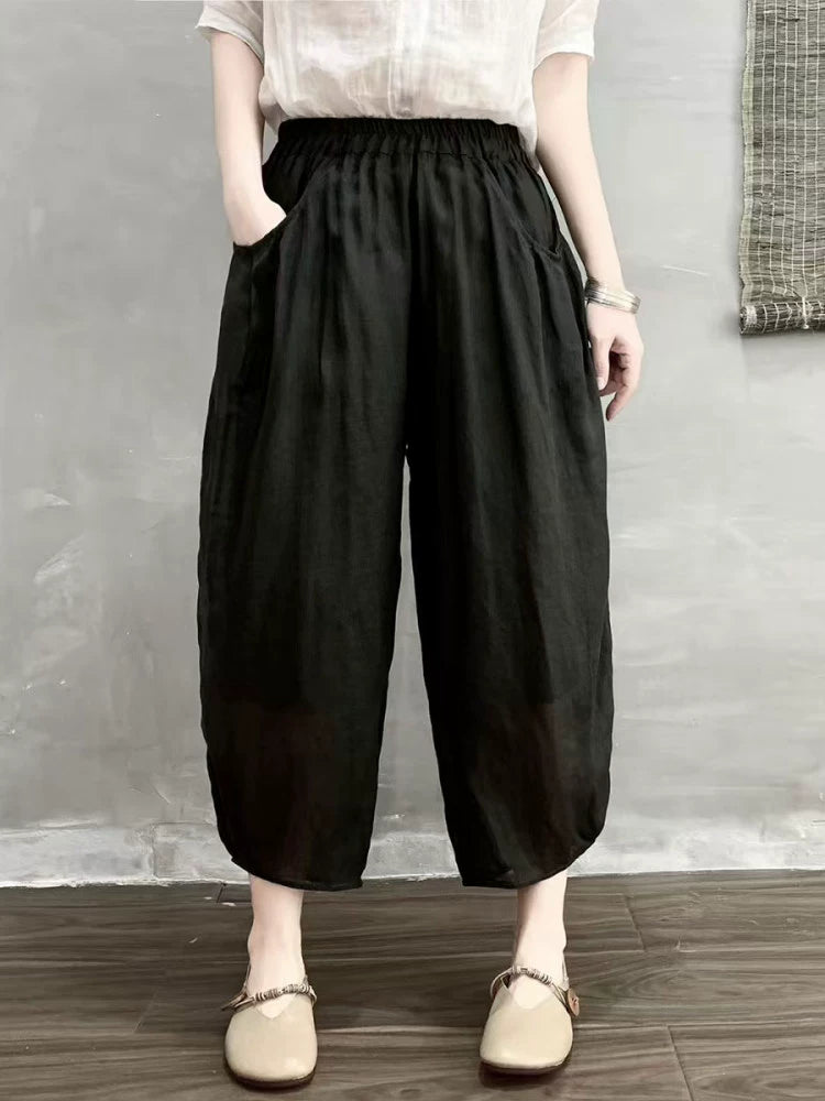 Women Summer Ramie Vintage Style Loose Harem Ankle Pants