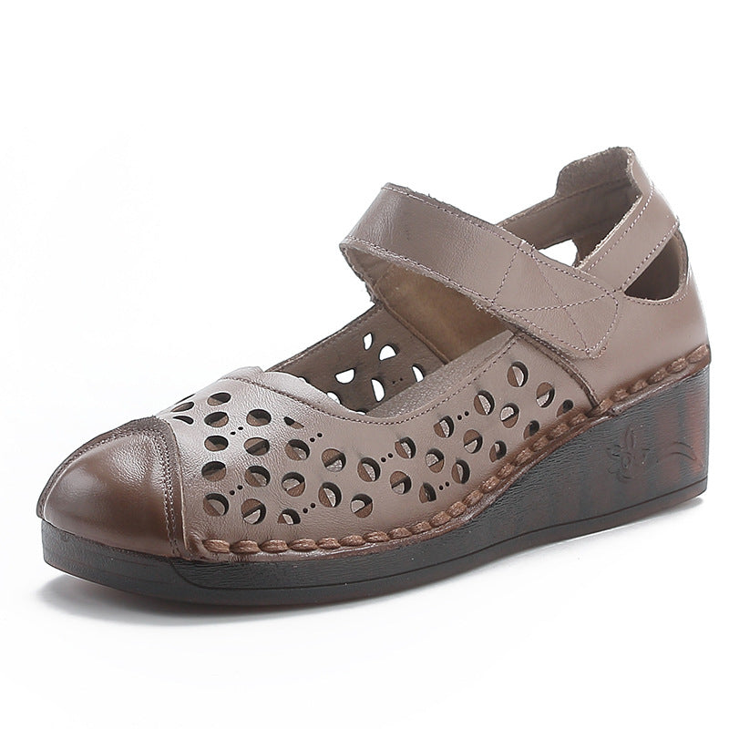 Women's Casual Genuine Leather Hollow Platform Wedge Sandals