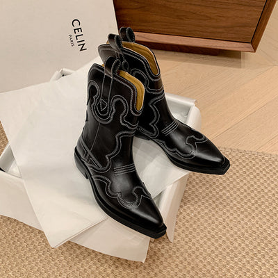 Retro Vintage Genuine Leather Pointed Toe Patchwork Boots