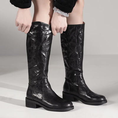 Fashionable Sheepskin Leather Chunky Zipper Knee-High Boots