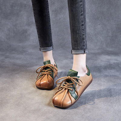 Spring Retro Soft Sole Color Block Lace-Up Leather Casual Shoes