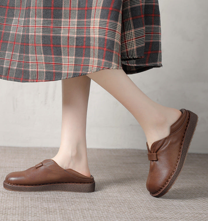Women Retro Comfy Black and Brown Genuine Leather Slip-On Shoes