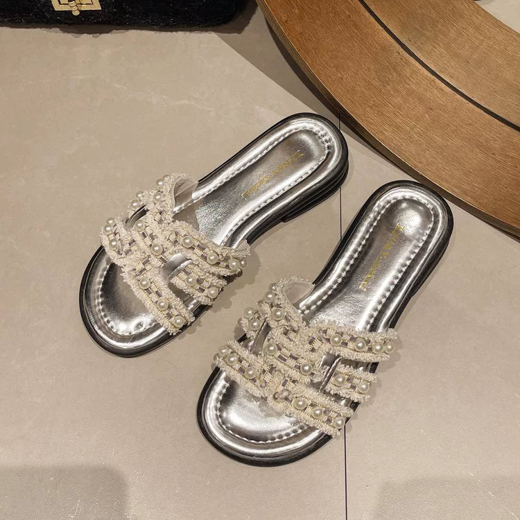 Women Summer Elegant PU Pearl Soft Sole Open Toe Shoes