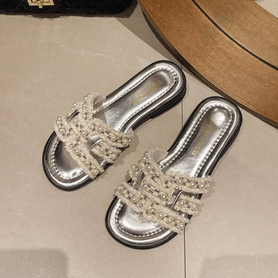 Women Summer Elegant PU Pearl Soft Sole Open Toe Shoes