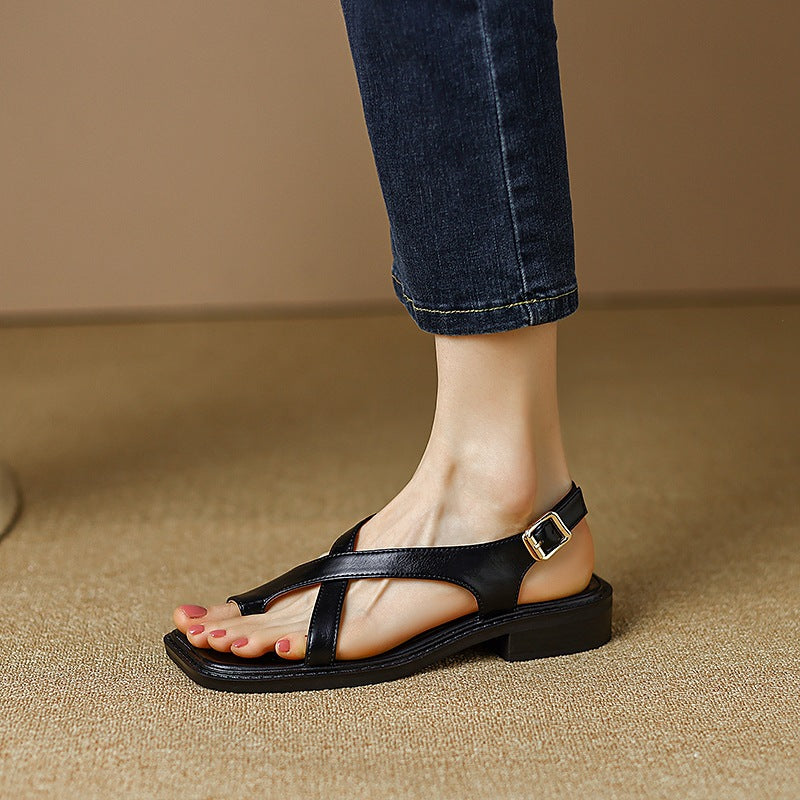 Summer Retro Leather Low Chunky Toe Post Sandals