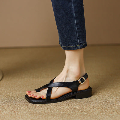 Summer Retro Leather Low Chunky Toe Post Sandals
