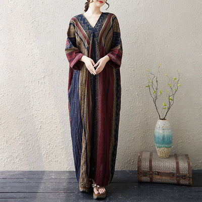 Retro Linen Cotton V-Neck Striped Loose Plus Size Dress