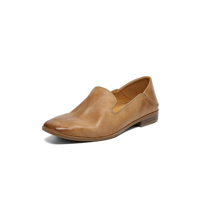 Retro Leather Shallow Square Toe Soft Sole Loafer Shoes